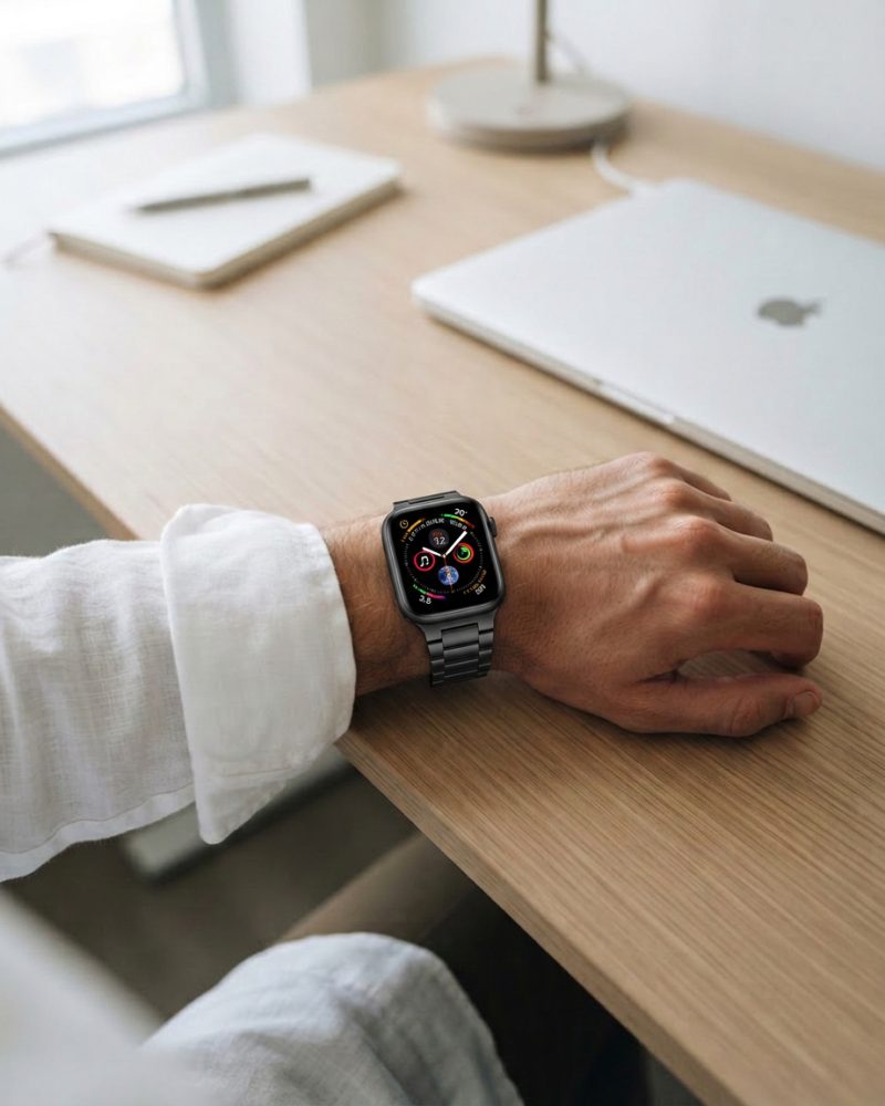 Model wearing Black Slim Stainless Steel Band for Apple Watch Apple Watch band