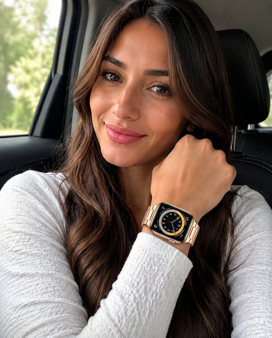 Model wearing Rose Gold Slim Stainless Steel Band for Apple Watch Apple Watch band