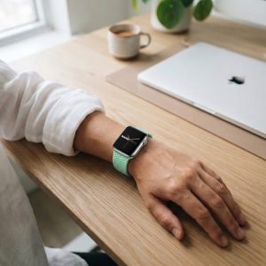 Model wearing Pistachio Green Braided Loop Band for Apple Watch Apple Watch band
