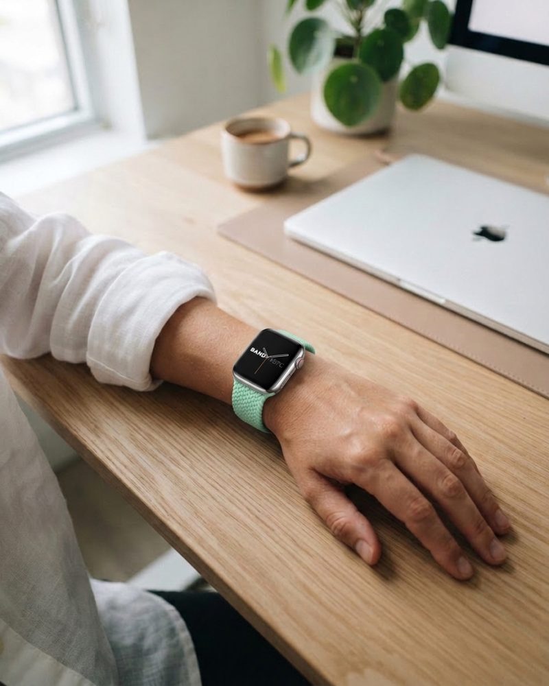 Model wearing Pistachio Green Braided Loop Band for Apple Watch Apple Watch band