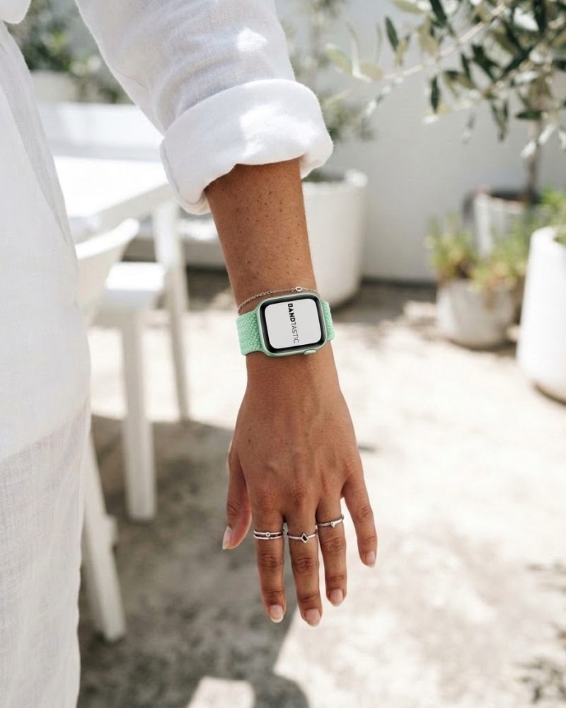 Model wearing Pistachio Green Braided Loop Band for Apple Watch Apple Watch band