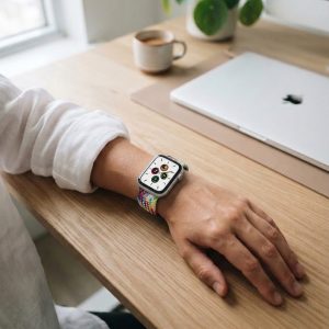 Model wearing Rainbow Braided Loop Band for Apple Watch Apple Watch band