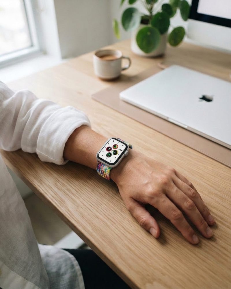Model wearing Rainbow Braided Loop Band for Apple Watch Apple Watch band