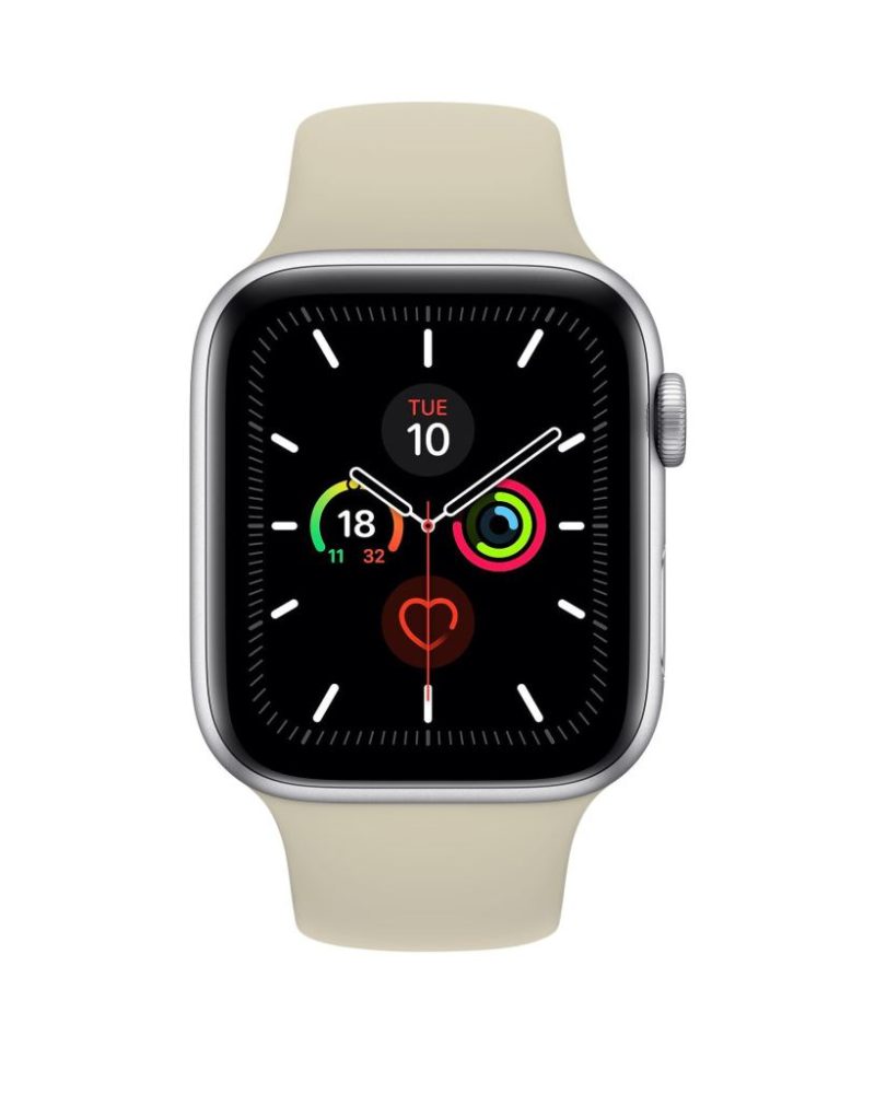 Antique white silicone sport band paired with silver Apple Watch case