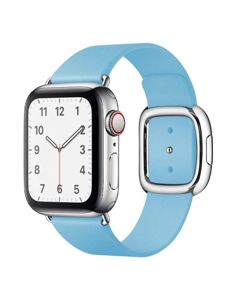 Aqua blue leather Apple Watch band with silver modern buckle clasp