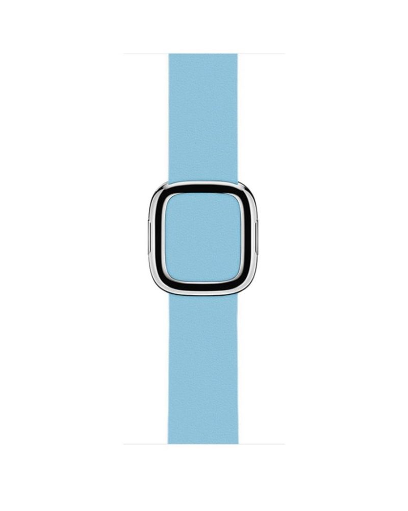 Aqua blue leather Apple Watch band with polished silver modern buckle clasp