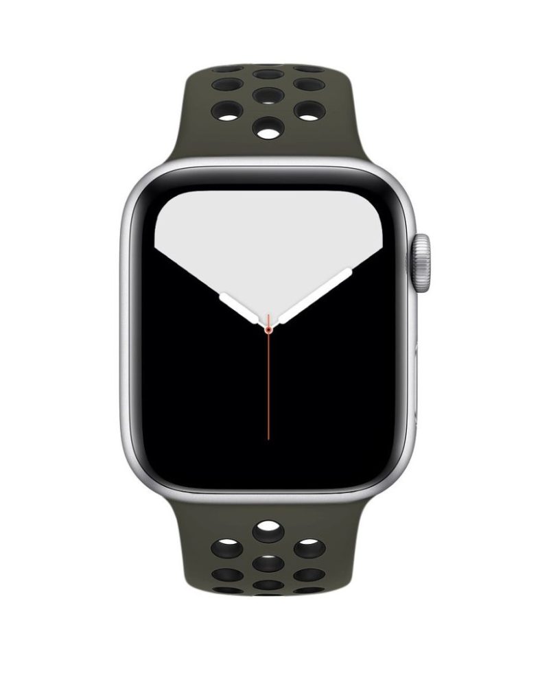 Army green and black perforated silicone sport band on Apple Watch with silver aluminum case