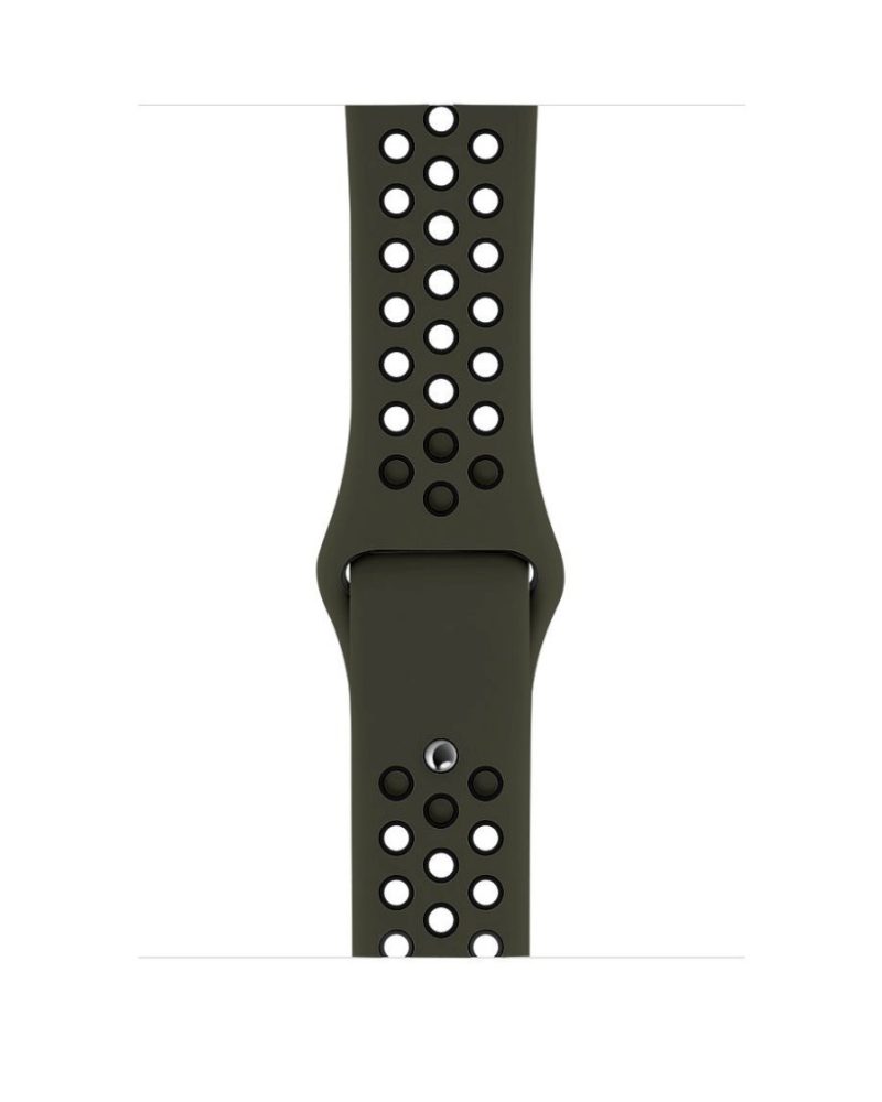 Army green and black perforated silicone sport band for Apple Watch with pin-and-tuck closure