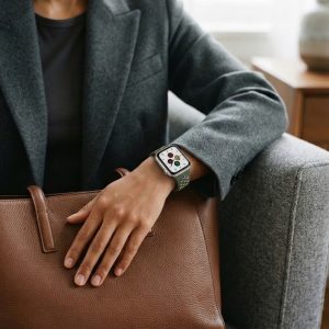 Model wearing Army Green/Rainbow Pride Sport Band Active for Apple Watch Apple Watch band