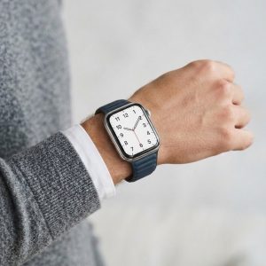 Model wearing Baltic Blue Leather Link Band for Apple Watch Apple Watch band