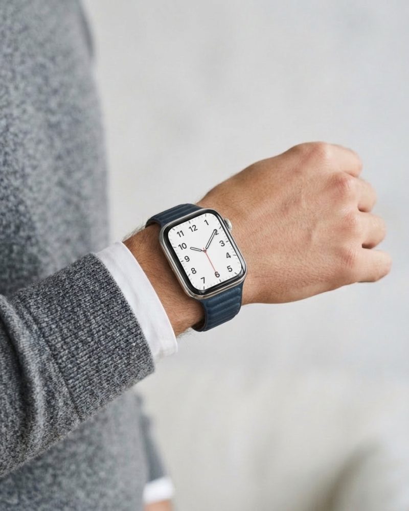 Model wearing Baltic Blue Leather Link Band for Apple Watch Apple Watch band
