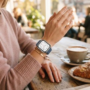 Model wearing Baltic Blue Leather Link Band for Apple Watch Apple Watch band
