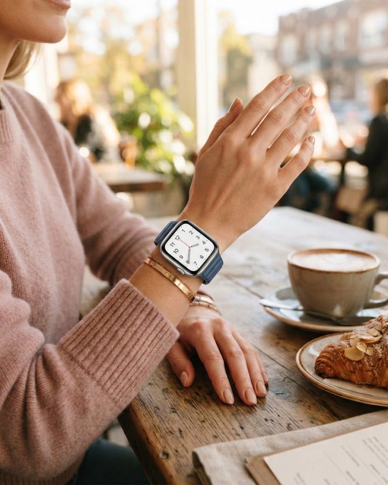 Model wearing Baltic Blue Leather Link Band for Apple Watch Apple Watch band