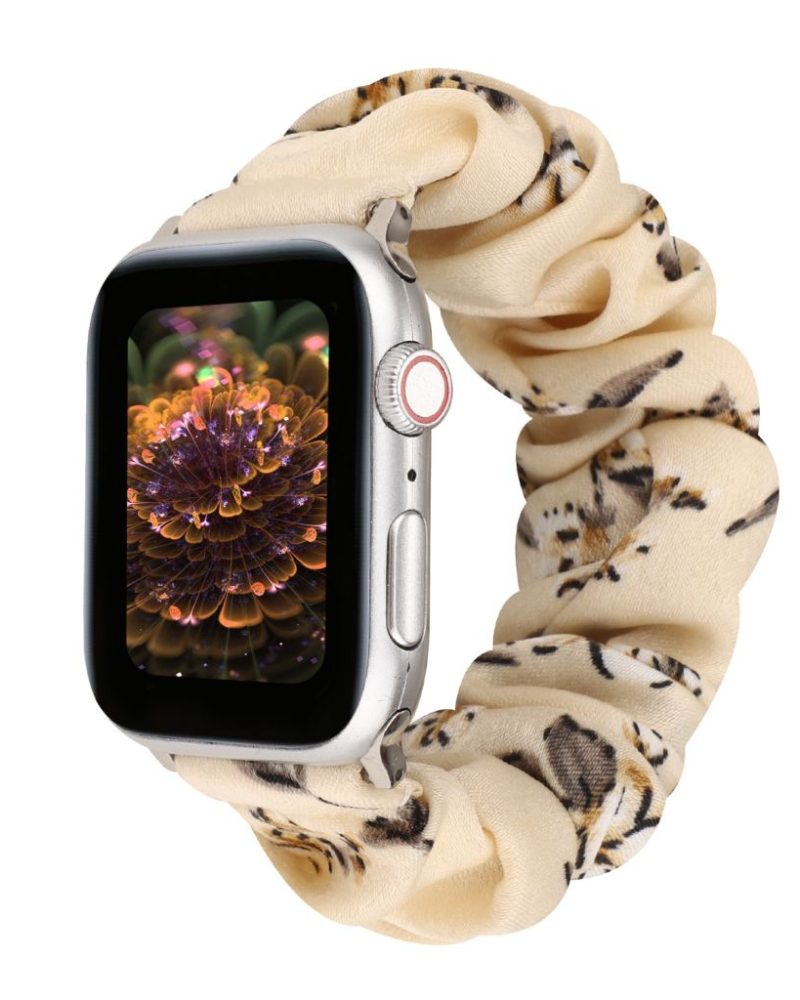 Beige leopard print scrunchie fabric loop band for Apple Watch