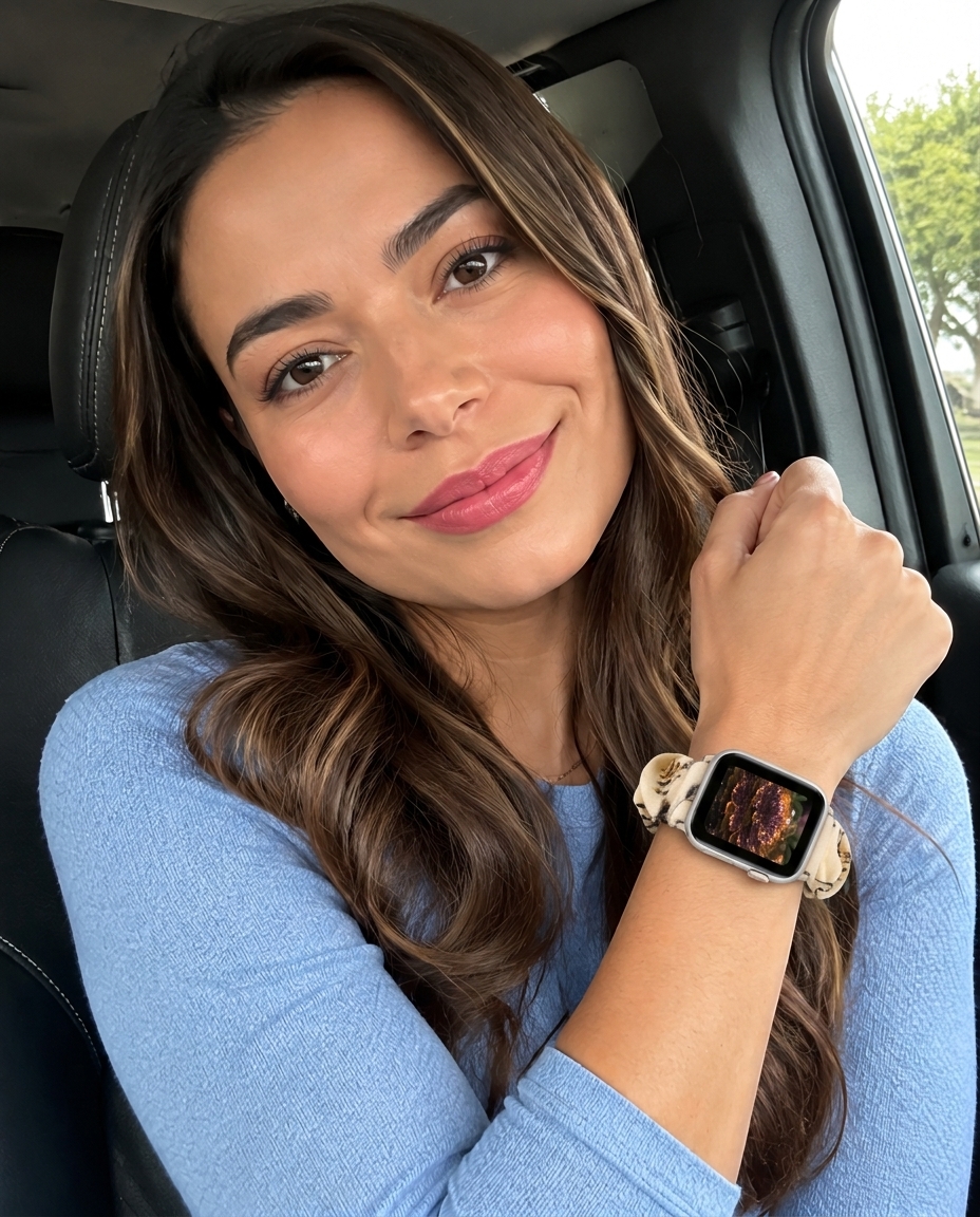 Model wearing Beige Floral Scrunchie Loop Band for Apple Watch Apple Watch band