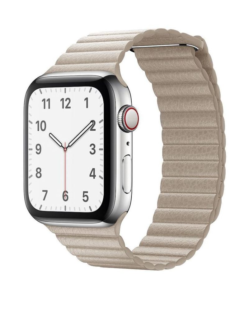 Beige leather loop Apple Watch band with ribbed texture and silver case