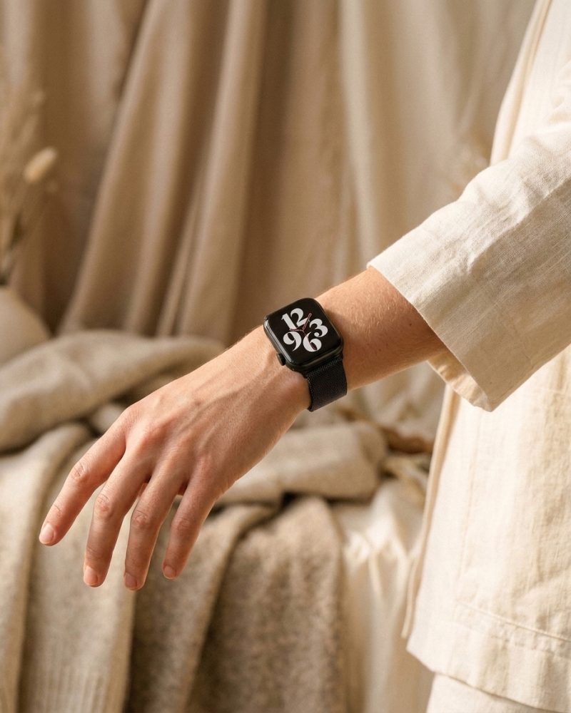 Model wearing Black Aurora Slim Milanese Band for Apple Watch Apple Watch band