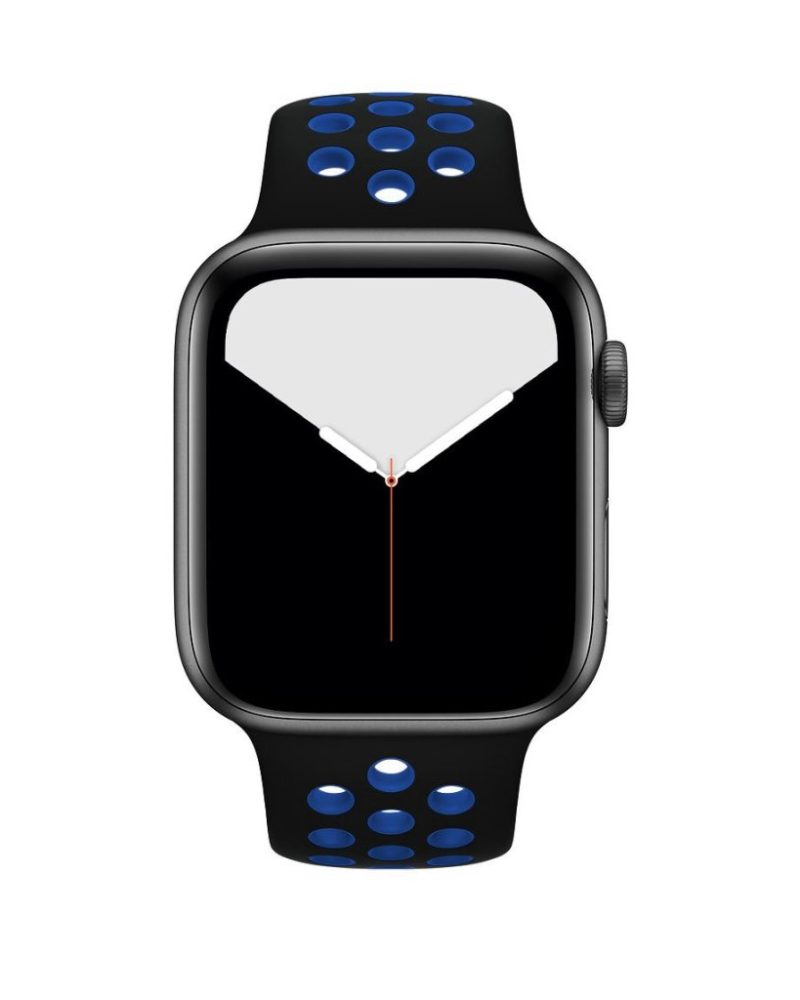 Black and blue perforated silicone sport band on Apple Watch with space gray case