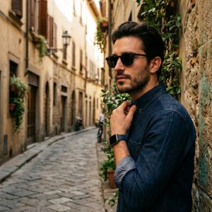 Model wearing Black/Blue Sport Band Active for Apple Watch Apple Watch band