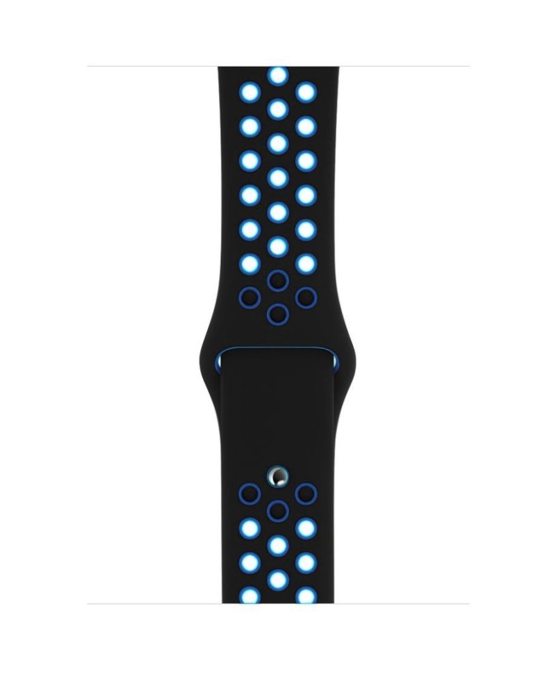 Black and blue perforated silicone Apple Watch sport band with pin-and-tuck closure