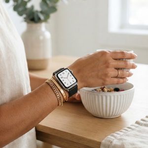 Model wearing Black Classic Leather Buckle for Apple Watch Apple Watch band