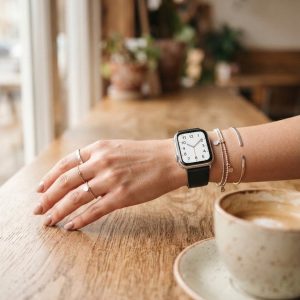 Model wearing Black Classic Leather Buckle for Apple Watch Apple Watch band