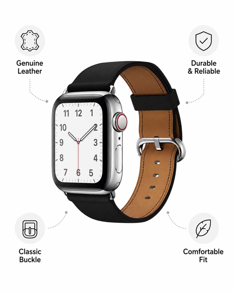 Model wearing Black Classic Leather Buckle for Apple Watch Apple Watch band