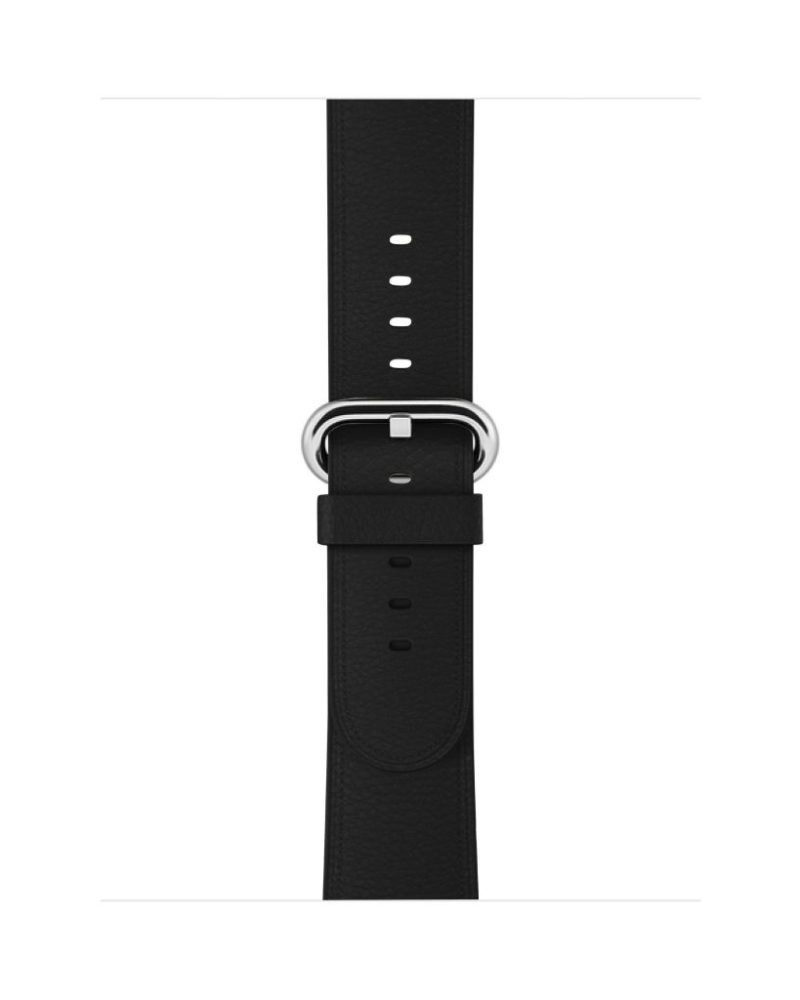 Black classic leather Apple Watch strap with silver buckle clasp
