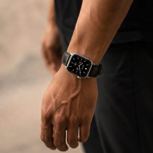Model wearing Black Croc Leather Band for Apple Watch Apple Watch band