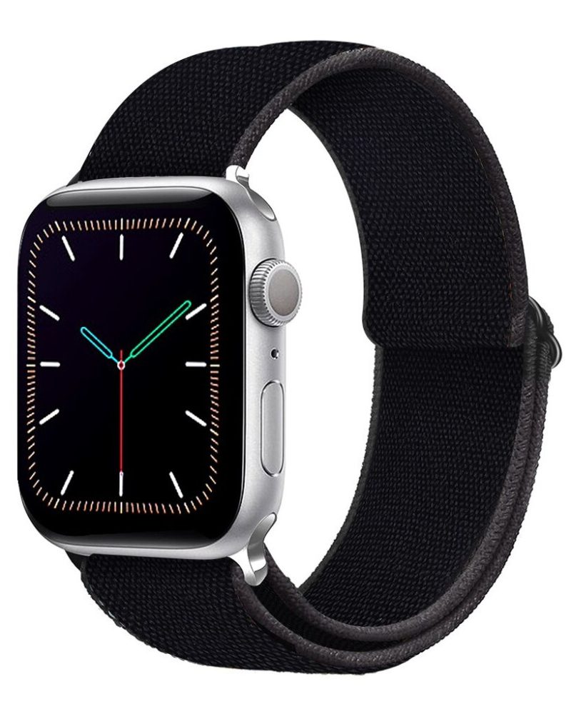 Black woven elastic nylon Apple Watch loop band shown on silver aluminum watch