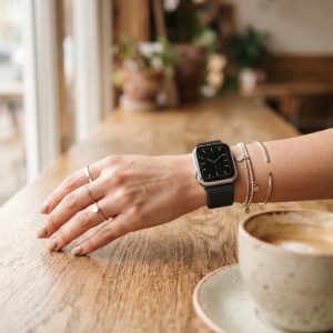 Model wearing Black Elastic Loop for Apple Watch Apple Watch band