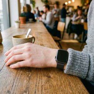 Model wearing Black Geneva Slim Milanese Band for Apple Watch Apple Watch band