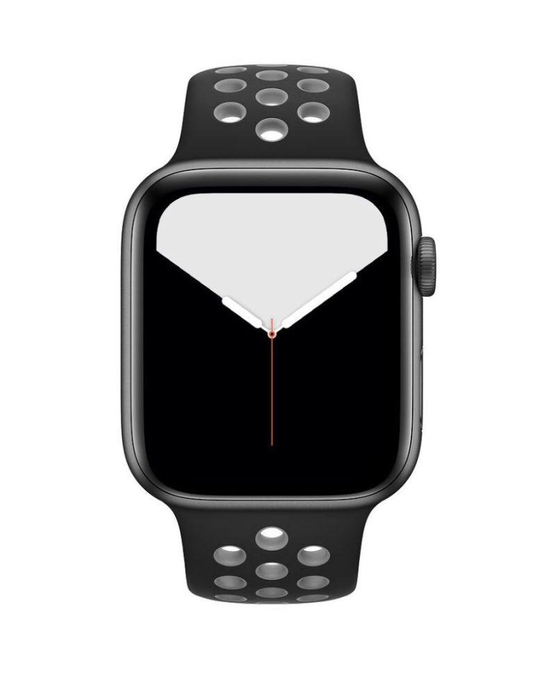 Black and grey perforated silicone sport band on Apple Watch with space grey aluminum case