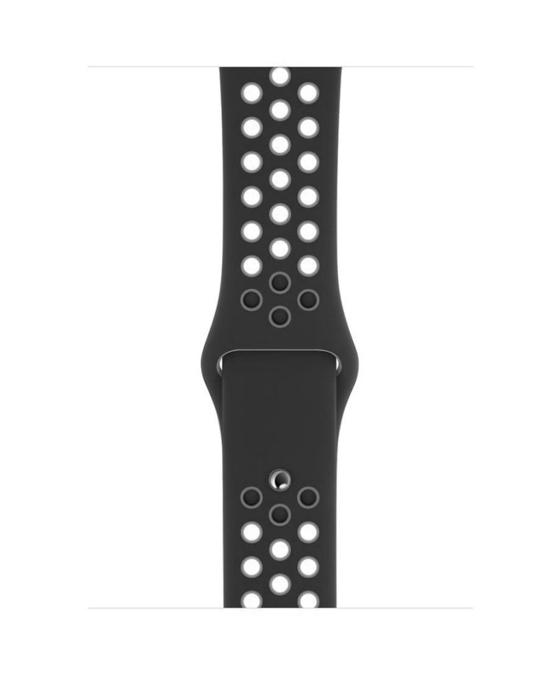 Black and grey perforated silicone sport band for Apple Watch with pin-and-tuck closure
