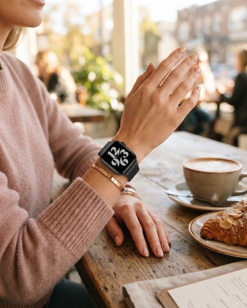Model wearing Black Havana Stainless Steel Band for Apple Watch Apple Watch band