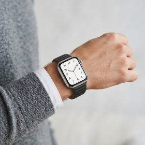 Model wearing Black Leather Link Band for Apple Watch Apple Watch band