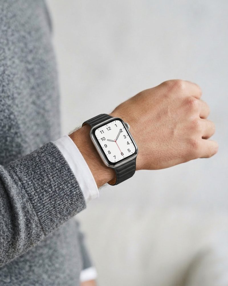 Model wearing Black Leather Link Band for Apple Watch Apple Watch band