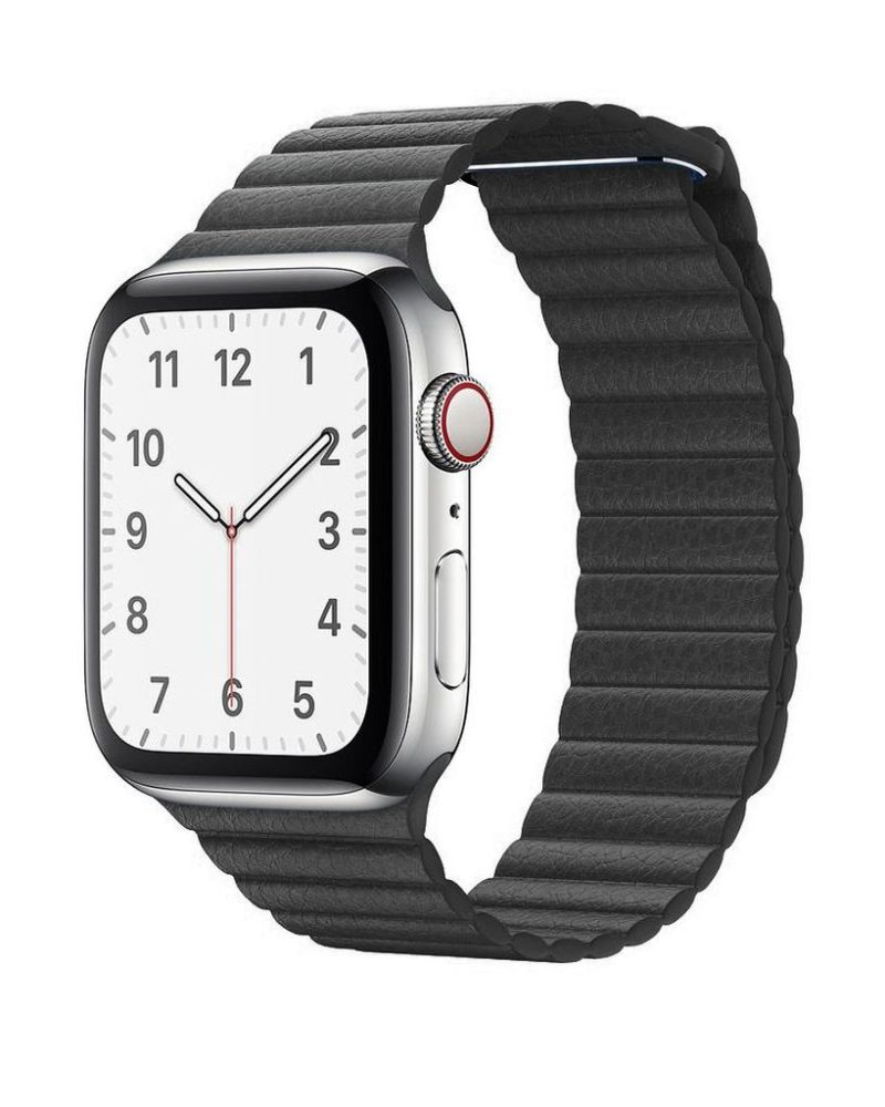 Black leather loop Apple Watch band with ridged texture on silver watch.