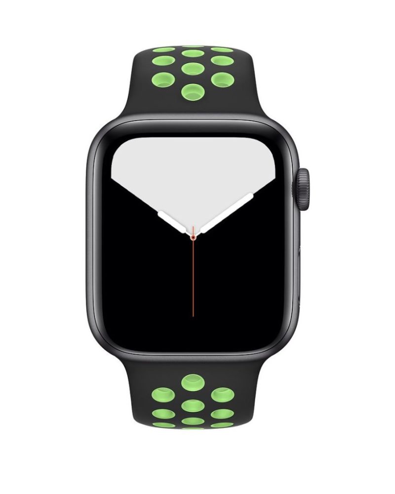 Black and lime green perforated silicone Apple Watch sport band on space grey case