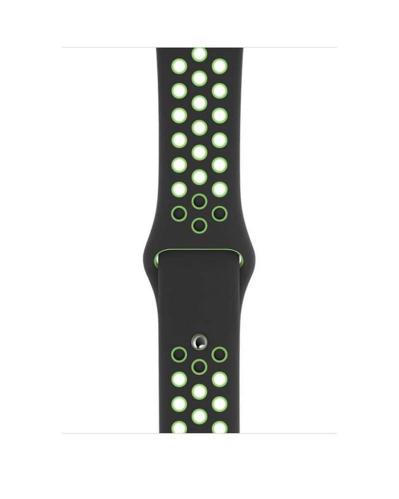 Black and lime green perforated silicone Apple Watch sport band with pin-and-tuck closure