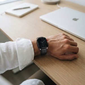 Model wearing Black Lincoln Leather Band for Apple Watch Apple Watch band