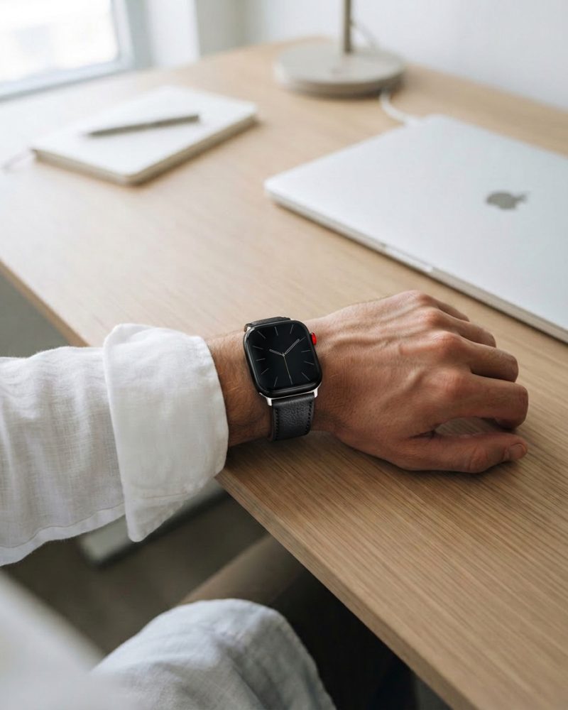 Model wearing Black Lincoln Leather Band for Apple Watch Apple Watch band