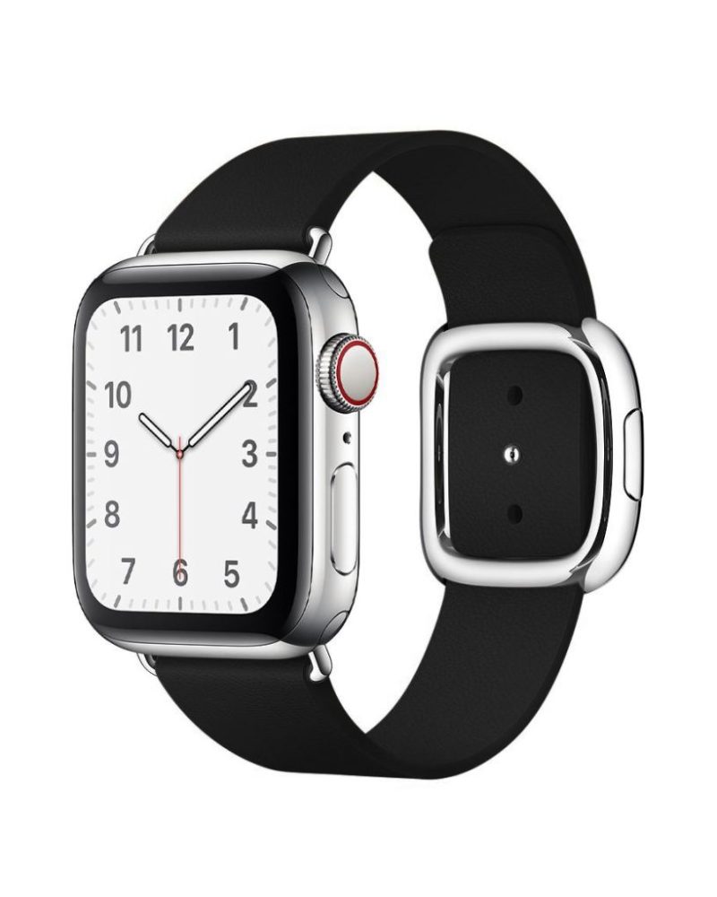 Black leather Apple Watch band with silver modern buckle clasp