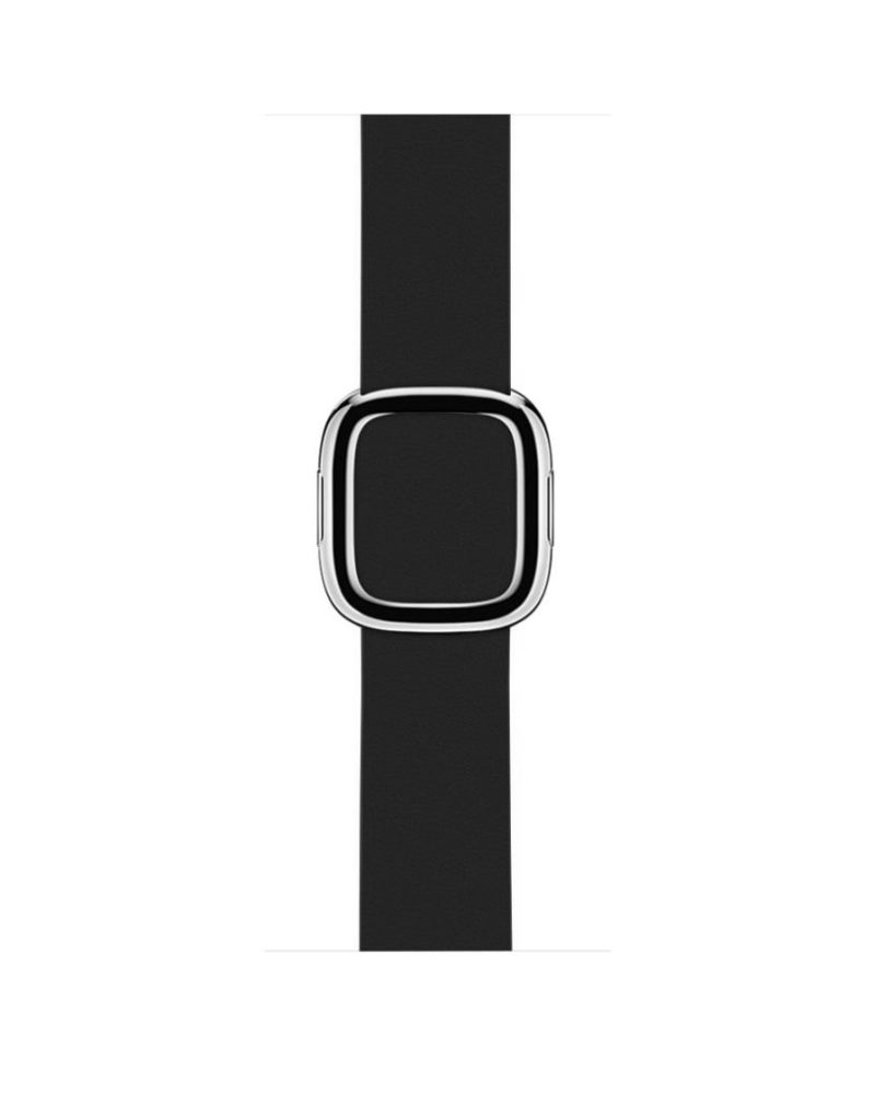 Black leather Apple Watch band with polished silver modern buckle clasp