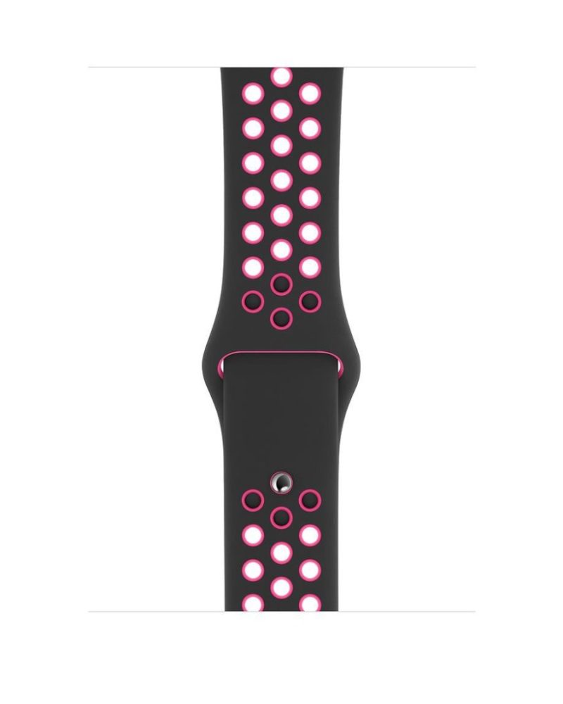 Black and pink perforated silicone Apple Watch sport band with pin-and-tuck closure