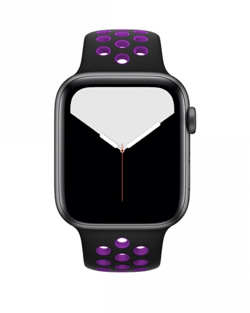 Black and purple perforated silicone sport band on Apple Watch with space grey aluminium case