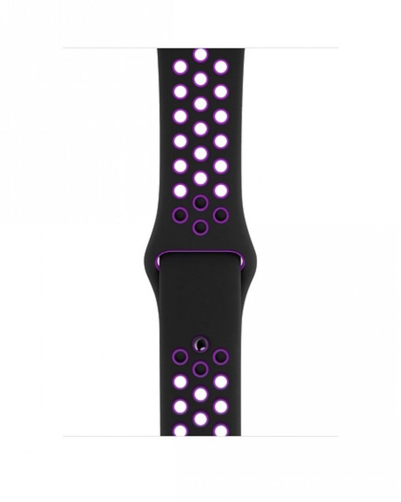 Black and purple perforated silicone sport band for Apple Watch with pin-and-tuck closure
