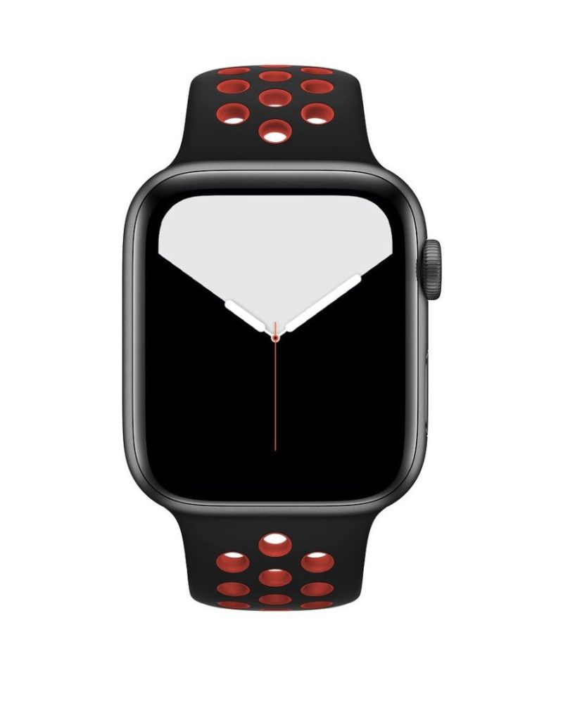 Black and red silicone sport band on Apple Watch with perforated ventilation holes