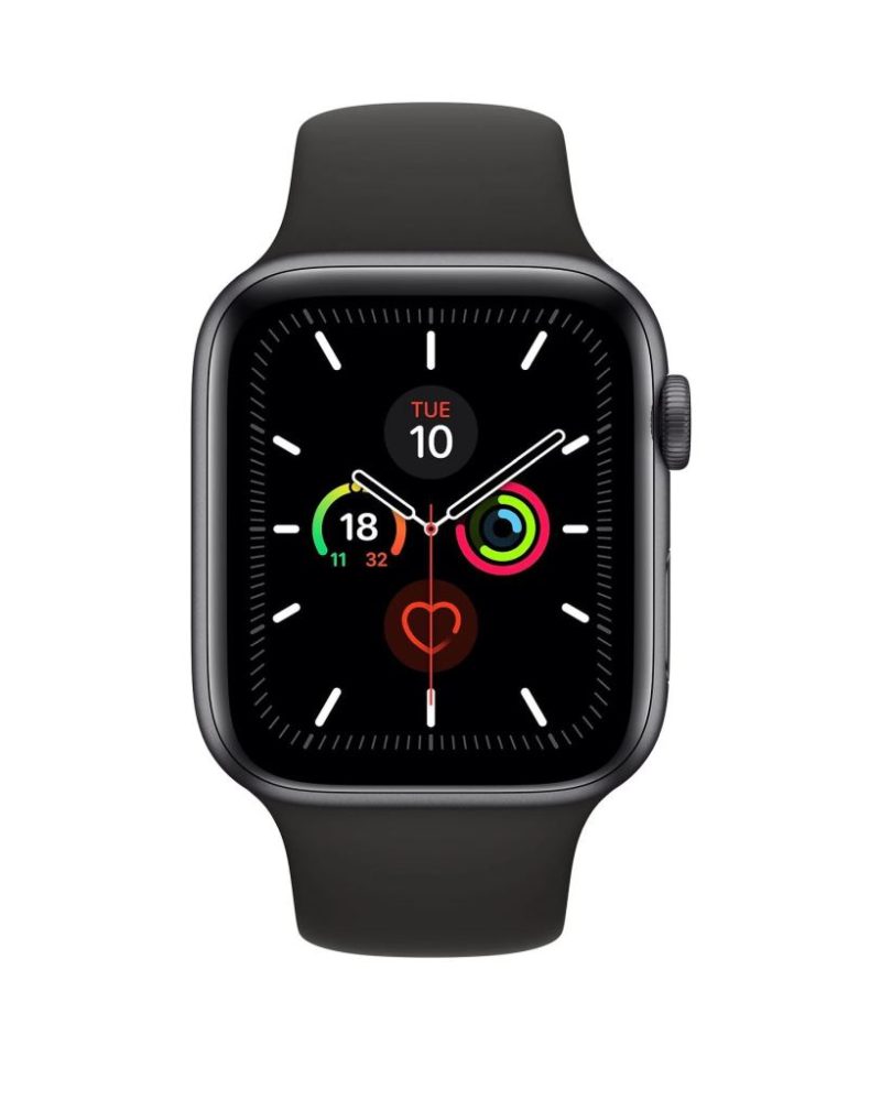Black sport band Apple Watch with space gray aluminum case on white background