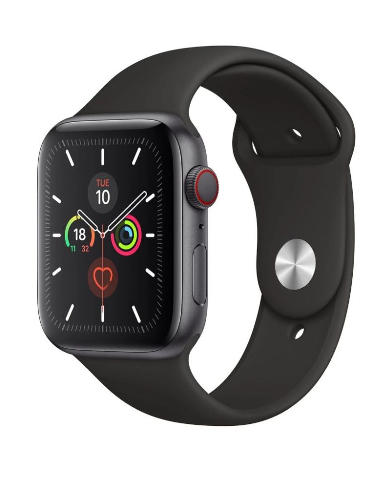 Black silicone Apple Watch Sport Band with pin-and-tuck closure, black watch shown